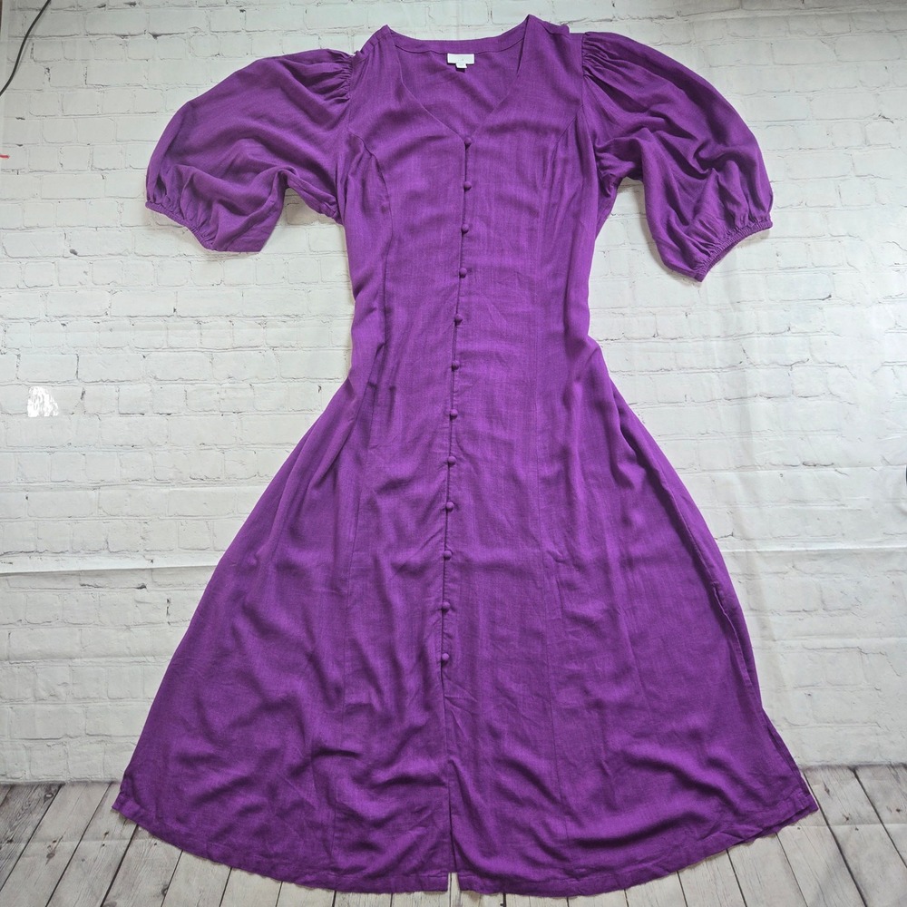 J. Jill aubergine Purple Linen Blend Puff Sleeve Button Front maxi Dress XL Tall